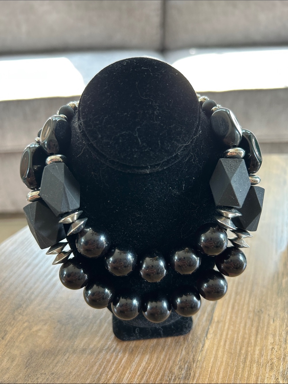 Black Bead and Silver Statement Necklace 16” Adjustable